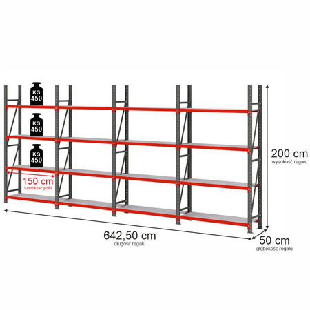 Regał magazynowy 16-półkowy Mega-M FORTIS H-200 cm L-642.5 cm G-50 cm