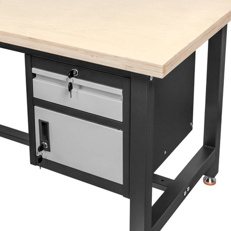 Stół warsztatowy z szafką narzędziową z uchylnymi drzwiami i szufladą Mega-M S-200 cm grafitowy szary front