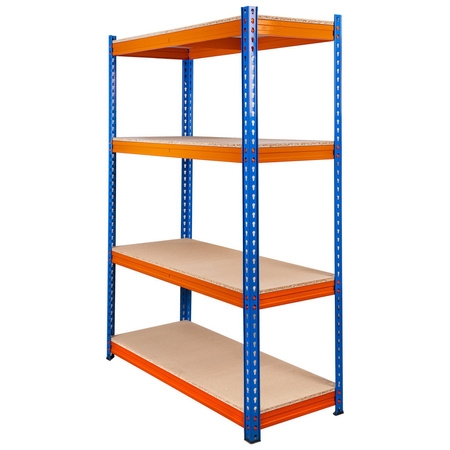 Regał magazynowy Mega-M PRO MAX H-180 cm L-150 cm G-45 cm 4 półki z MDF 15 mm 500 kg niebiesko-pomarańczowy