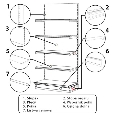 Regał sklepowy Mega-M Merkury przyścienny H-170 cm L-101,5 cm G-47 cm moduł dostawny grafitowy