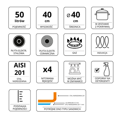 Garnek ze stali nierdzewnej wysoki z pokrywką Mega-M STANDARD 50L 40x40 cm