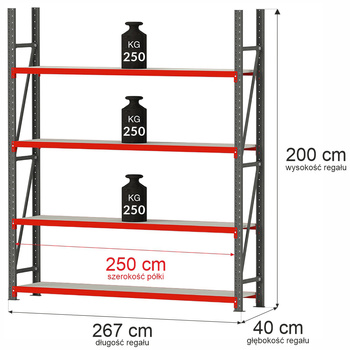 Regał metalowy magazynowy 4-półkowy Mega-M FORTIS H-200 cm L-267 cm G-40 cm moduł bazowy