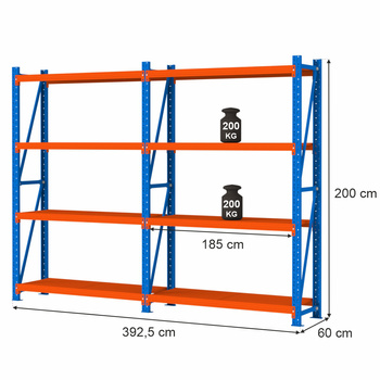 Regał magazynowy 4-półkowy Mega-M FORTIS LIGHT H-200 cm L-392,5 cm G-60 cm zestaw (2 moduły) N