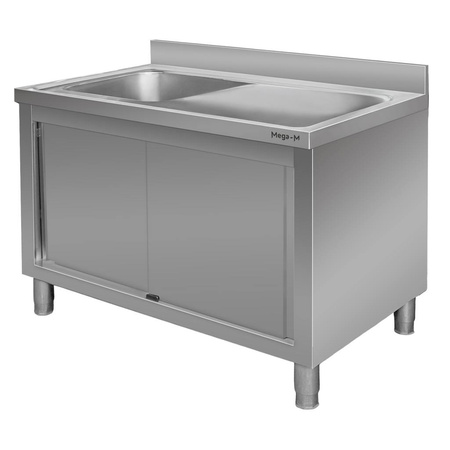 Stół ze stali nierdzewnej przyścienny ze zlewem po lewej stronie i z szafką Mega-M S-140 cm G-70 cm H-85 cm N