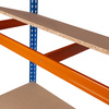 Regał magazynowy Mega-M Pro Max H-180 cm L-120 cm G-45 cm 4 półki z płyty wiórowej 15 mm (500kg) niebieski/pomarańczowy 2 kartony N