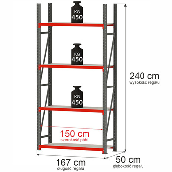 Regał metalowy magazynowy 4-półkowy Mega-M FORTIS H-240 cm L-167 cm G-50 cm moduł bazowy