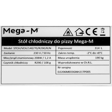 Stół chłodniczy do pizzy Mega-M STCH/VCH/140/70/R290/R/N