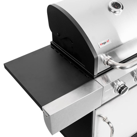 Grill ogrodowy gazowy Mega-M 4+1 ze stolikiem bocznym z pokrywą i drzwiczkami ze stali nierdzewnej reduktor + wąż gazowy