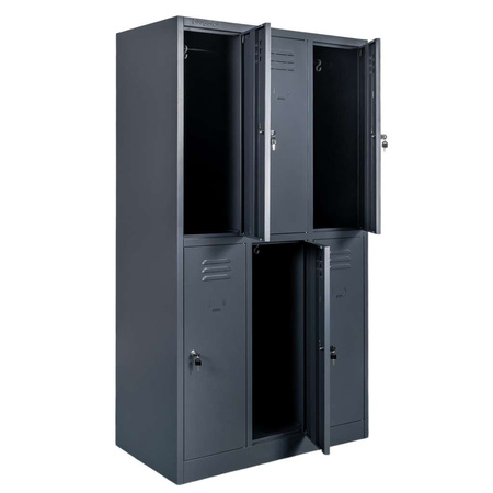 Szafka ubraniowa skrytkowa BHP Mega-M J-90/6 6 drzwiowa grafitowa S-90 cm G-50 cm H-180 cm skręcana N