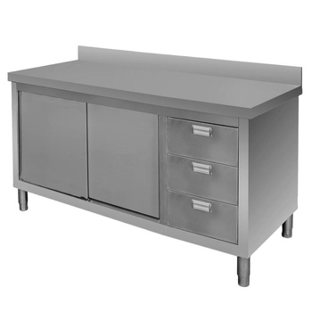 Stół gastronomiczny ze stali nierdzewnej spawany przyścienny z szafką i blokiem 3 szuflad Mega-M 140x60x85 cm