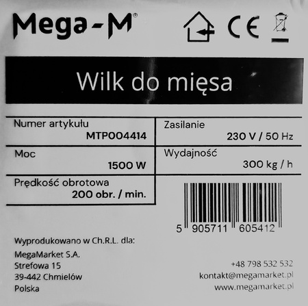 Wilk do mięsa Mega-M HO 300kg/h 1500W SS N