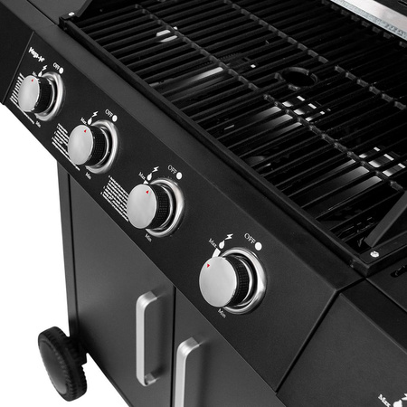 Grill ogrodowy gazowy Mega-M 4+1 ze stolikiem bocznym czarny reduktor + wąż gazowy