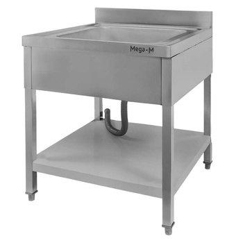 Zlew gastronomiczny jednokomorowy z maskownicą, półką i syfonem z rurą odpływową Mega-M 70x70x85 cm stal nierdzewna