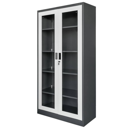 Szafa biurowa metalowa Mega-M WENUS W-07 na dokumenty przeszklone drzwi grafitowa / szary front S- 90 cm G- 40 cm H-185 cm skręcana N