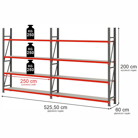 Regał magazynowy 8-półkowy Mega-M FORTIS H-200 cm L-525.5 cm G-60 cm