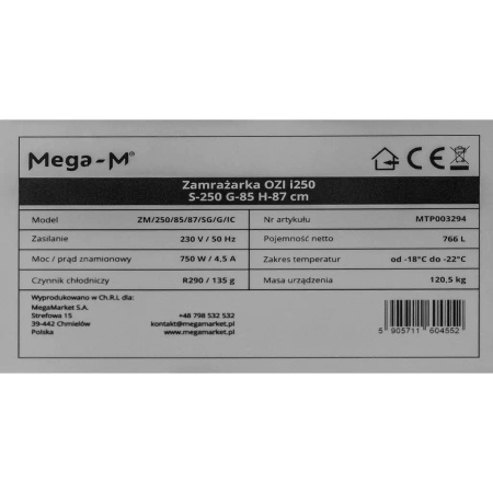 Zamrażarka Mega-M OZI i250 Automatyczne rozmrażanie S-250 cm G-85 cm H-87 cm N