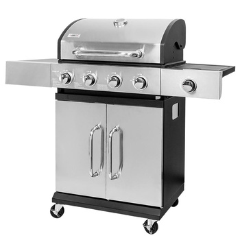 Grill ogrodowy gazowy Mega-M 4+1 ze stolikiem bocznym z pokrywą i drzwiczkami ze stali nierdzewnej reduktor + wąż gazowy
