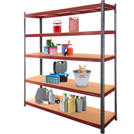 Regał magazynowy Mega-M Basic Plus H-180 cm L-180 cm G-45 cm 5 półek z MDF 6,8 mm (275kg) grafitowy/czerwony N