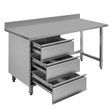 Stół ze stali nierdzewnej przyścienny z blokiem 3-szuflad po lewej stronie Mega-M S-120 cm G-70 cm H- 85 cm N