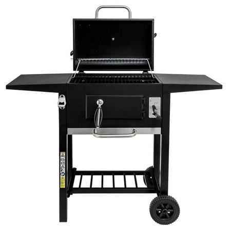 Grill ogrodowy węglowy z pokrywą i rusztem emaliowanym Mega-M 2x stolik boczny 42x30 cm