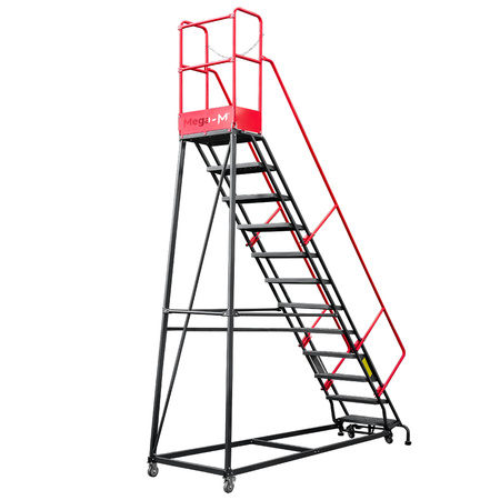 Drabina magazynowa przejezdna pomost magazynowy Mega-M H 306 cm 12 stopni hamulec schodkowy