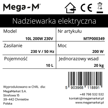 Nadziewarka do kiełbas elektryczna Mega-M 10L moc 200 W