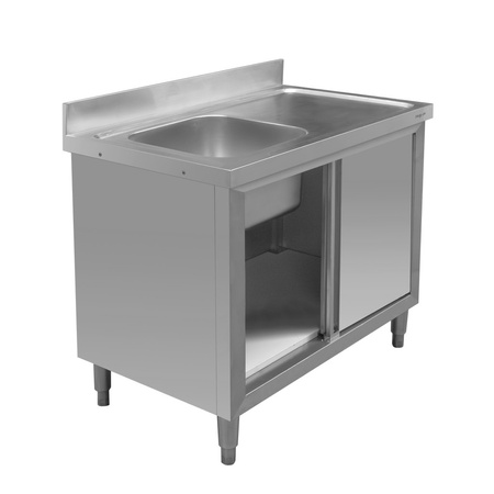 Stół ze stali nierdzewnej przyścienny ze zlewem po lewej stronie i z szafką Mega-M S-100 cm G-60 cm H-85 cm N