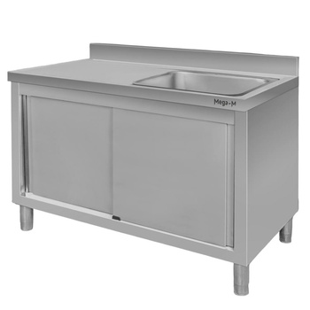 Stół ze stali nierdzewnej przyścienny ze zlewem po prawej stronie i z szafką Mega-M S-120 cm G-60 cm H-85 cm N
