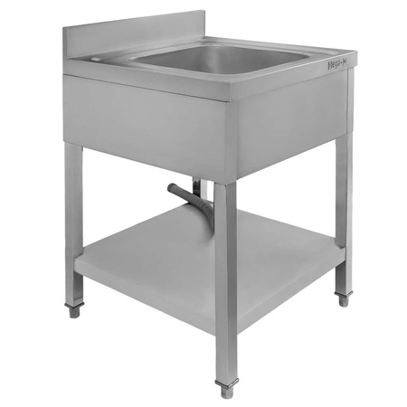 Zlew gastronomiczny jednokomorowy z maskownicą, półką i syfonem z rurą odpływową Mega-M 60x70x85 cm stal nierdzewna