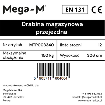 Drabina magazynowa przejezdna pomost magazynowy Mega-M H 306 cm 12 stopni hamulec schodkowy