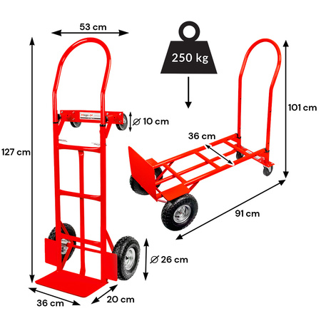 Wózek magazynowy młynarka Mega-M 2w1 transportowy czerwony 250kg karton N