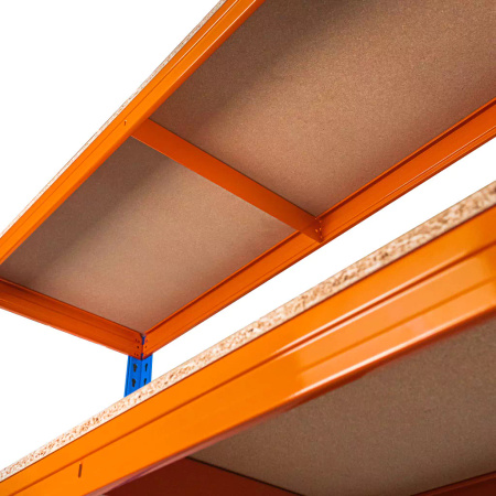 Regał magazynowy Mega-M PRO MAX H-180 cm L-120 cm G-45 cm 4 półki z MDF 15 mm 500 kg niebiesko-pomarańczowy