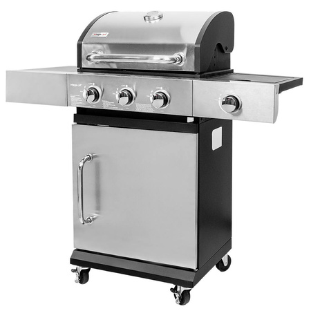 Grill ogrodowy gazowy Mega-M 3+1 ze stolikiem bocznym z pokrywą i drzwiczkami ze stali nierdzewnej reduktor + wąż gazowy
