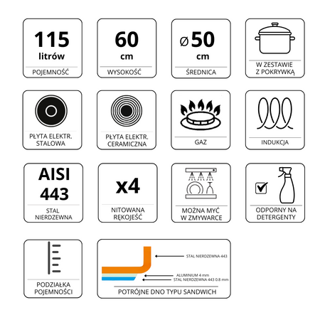 Garnek ze stali nierdzewnej AISI 443 wysoki z pokrywką Mega-M PRO 115L 50x60 cm
