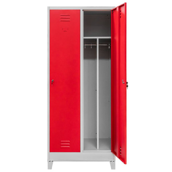 Szafka BHP ubraniowa na podstawie z nóżkami Mega-M pracownicza 2-drzwiowa z przegrodami S-80 cm szara/czerwony front