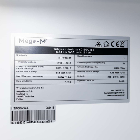 Witryna chłodnicza 1-drzwiowa 240L Mega-M DIEGO i54 oświetlenie LED