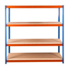 Regał magazynowy Mega-M Pro Max H-180 cm L-180 cm G-60 cm 4 półki z płyty wiórowej 15 mm (500kg) niebieski/pomarańczowy 2 kartony N
