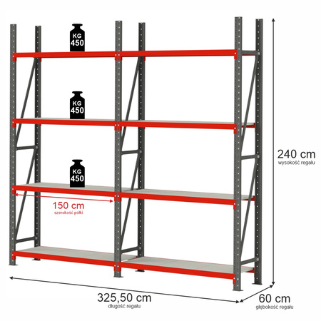 Regał magazynowy 8-półkowy Mega-M FORTIS H-240 cm L-325.5 cm G-60 cm