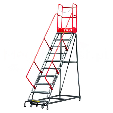 Drabina magazynowa przejezdna pomost magazynowy Mega-M H 255 cm 10 stopni hamulec schodkowy