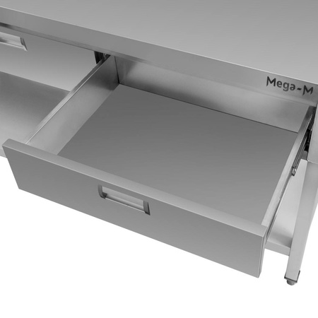 Stół ze stali nierdzewnej przyścienny z 3 szufladami i półką Mega-M S-150 cm G-70 cm H-85 cm N