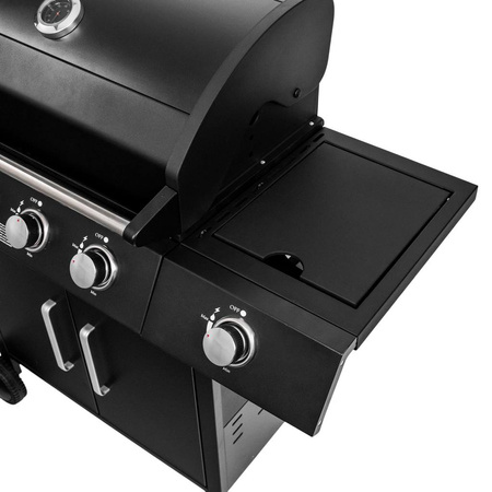 Grill ogrodowy gazowy Mega-M 4+1 ze stolikiem bocznym czarny reduktor + wąż gazowy