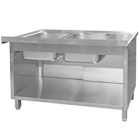 Zlew gastronomiczny spawany dwukomorowy z szafką Mega-M 140x70x85 cm stal nierdzewna