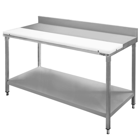 Stół gastronomiczny masarski z płytą polietylenową, półką i rantem Mega-M 150x70x85 cm stal nierdzewna
