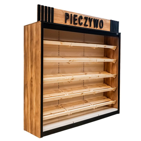 Regał na pieczywo z banerem półki drewniane Mega-M H-244 cm L-247,5 cm G-62 cm Dąb Barokowy Złoty K535 N