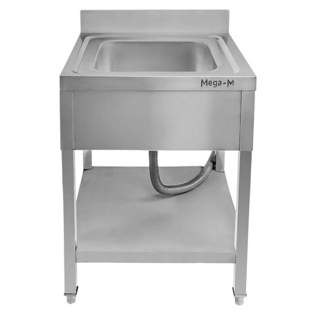 Zlew gastronomiczny jednokomorowy z maskownicą, półką i syfonem z rurą odpływową Mega-M 60x70x85 cm stal nierdzewna