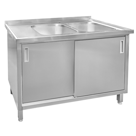 Zlew gastronomiczny spawany dwukomorowy z szafką Mega-M 140x70x85 cm stal nierdzewna