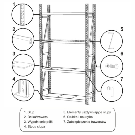 Regał magazynowy 4-półkowy Mega-M FORTIS H-200 cm L-158,5 cm G-50 cm moduł dostawny N