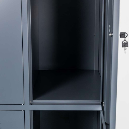 Szafka ubraniowa skrytkowa BHP Mega-M J-80/4 4 drzwiowa grafitowa S-80 cm G-50 cm H-180 cm skręcana N