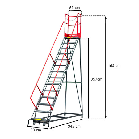 Drabina magazynowa przejezdna pomost magazynowy Mega-M H 357 cm 14 stopni