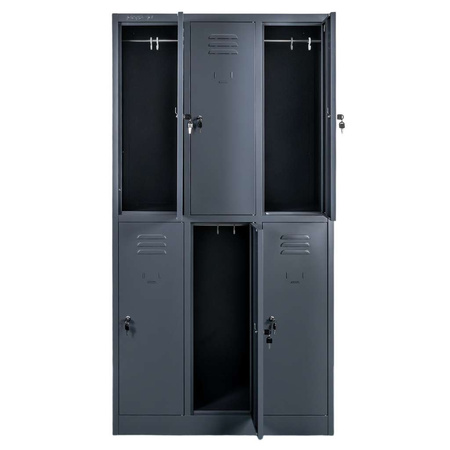 Szafka ubraniowa skrytkowa BHP Mega-M J-90/6 6 drzwiowa grafitowa S-90 cm G-50 cm H-180 cm skręcana N